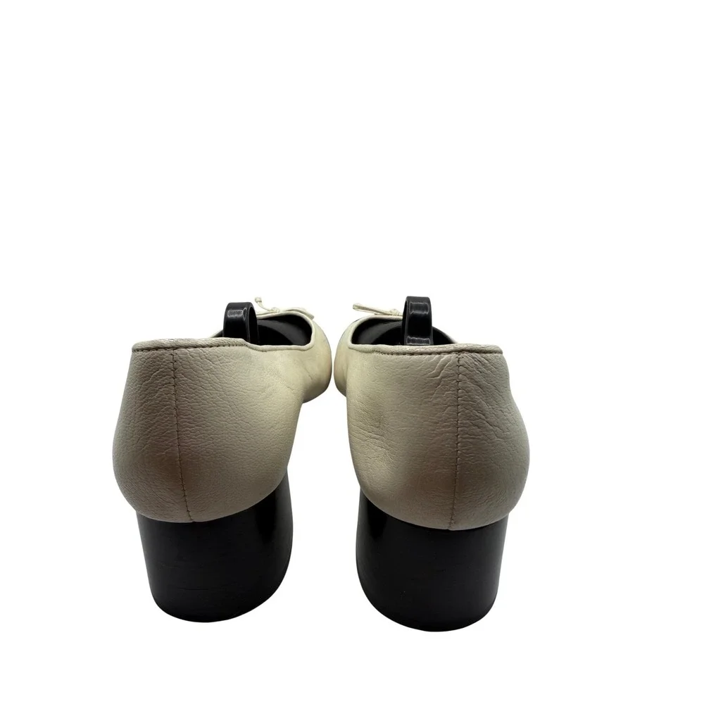 Tory Burch Two‎ Tone Cap Toe Block Heel Pumps Cream Black Gold Logo Size 8M